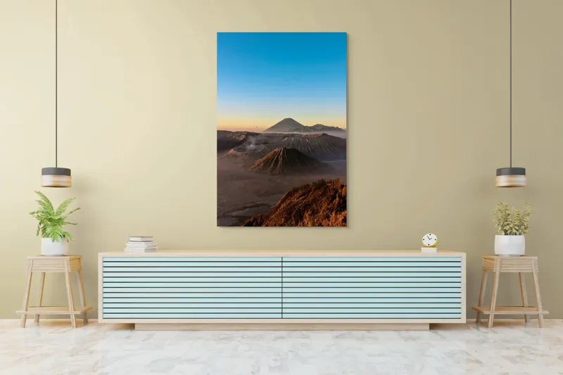 Tablou Canvas, "Muntele și soarele dimineții", Vulcan, Răsărit, Orizont, Munți, Nori, Culoare, Lumină, Natură, 100 x 150 cm – poza 4