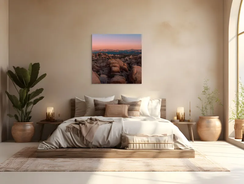 Tablou Canvas, "Roci solitare sub cerul înserării", Roci, Apus, Deșert, Cer, Munți, Lumini, Peisaj, Natură, 100 x 100 cm – poza 4