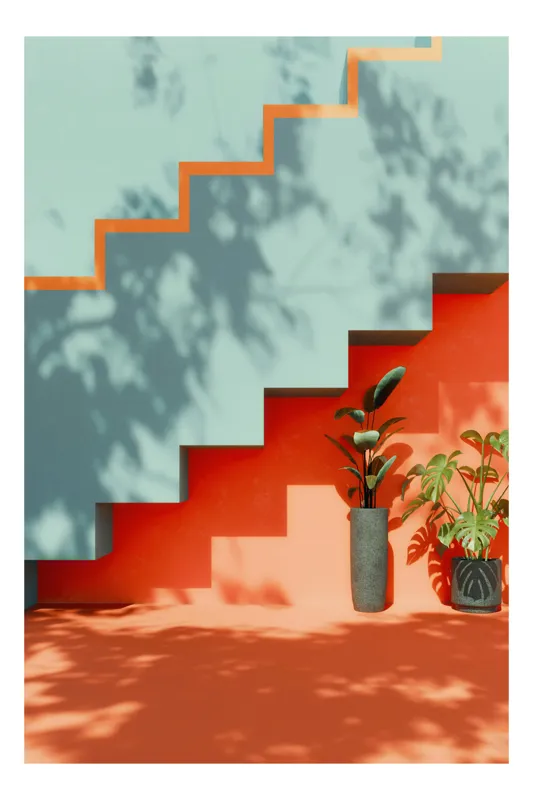 Tablou Canvas Design Geometrie Umbrele Scări și Plante Verzi, 100 x 100 cm