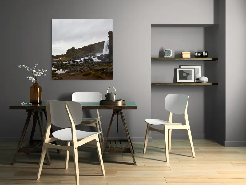 Tablou Canvas, "Rau în ținutul stâncos nordic", Cădere, Apă, Stânci, Nor, Râu, Peisaj, Melancolie, Natură, Ploaie, Tundră., 100 x 100 cm – poza 6