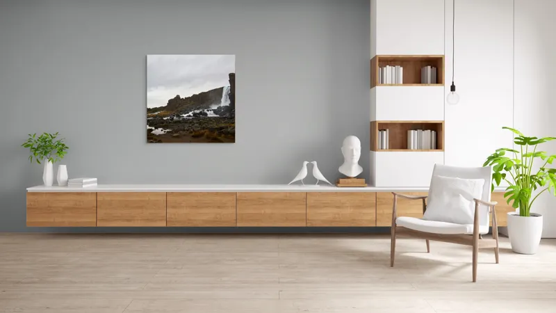 Tablou Canvas, "Rau în ținutul stâncos nordic", Cădere, Apă, Stânci, Nor, Râu, Peisaj, Melancolie, Natură, Ploaie, Tundră., 100 x 100 cm – poza 8