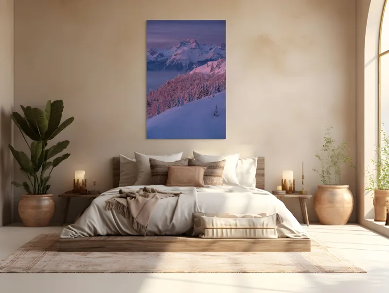 Tablou Canvas, "Peisaj montan în lumina dimineții", Montană, Înzăpezită, Timp, Crepuscular, Seninătate, Răsărit, Orizont, Pădure, Vârfuri, Alpine, 100 x 150 cm – poza 3