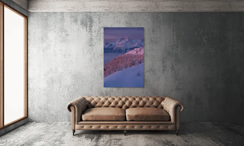 Tablou Canvas, "Peisaj montan în lumina dimineții", Montană, Înzăpezită, Timp, Crepuscular, Seninătate, Răsărit, Orizont, Pădure, Vârfuri, Alpine, 100 x 150 cm – poza 6