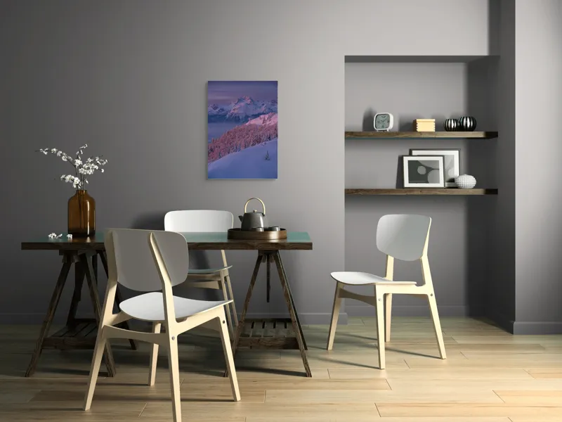 Tablou Canvas, "Peisaj montan în lumina dimineții", Montană, Înzăpezită, Timp, Crepuscular, Seninătate, Răsărit, Orizont, Pădure, Vârfuri, Alpine, 50 x 70 cm – poza 5