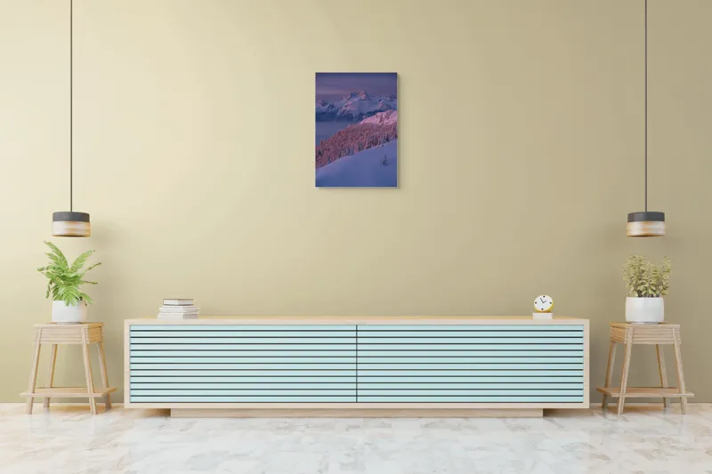 Tablou Canvas, "Peisaj montan în lumina dimineții", Montană, Înzăpezită, Timp, Crepuscular, Seninătate, Răsărit, Orizont, Pădure, Vârfuri, Alpine, 50 x 70 cm – poza 6