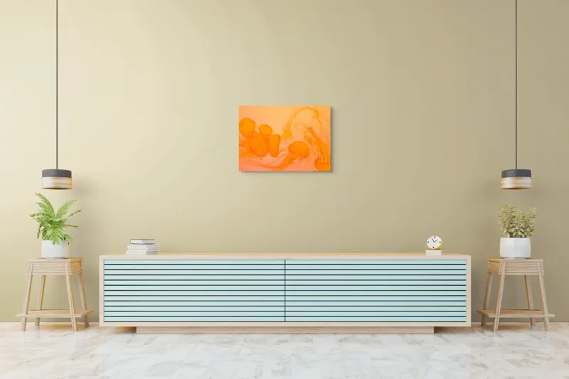 Tablou Canvas, "Dansul elegant al meduzelor portocalii", Jeleuri, Portocalii, Acvatice, Grațioase, Dansează, Fire, Subțiri, Translucide, Eterice, Închise, Frumoase, 70 x 50 cm