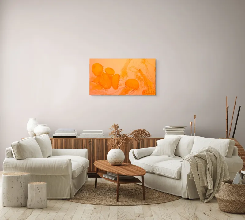 Tablou Canvas, "Dansul elegant al meduzelor portocalii", Jeleuri, Portocalii, Acvatice, Grațioase, Dansează, Fire, Subțiri, Translucide, Eterice, Închise, Frumoase, 90 x 50 cm – poza 4