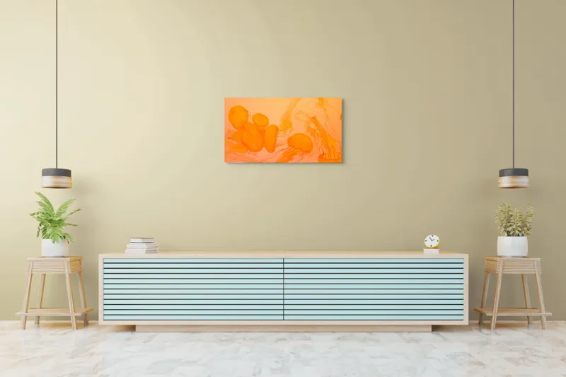 Tablou Canvas, "Dansul elegant al meduzelor portocalii", Jeleuri, Portocalii, Acvatice, Grațioase, Dansează, Fire, Subțiri, Translucide, Eterice, Închise, Frumoase, 90 x 50 cm – poza 5