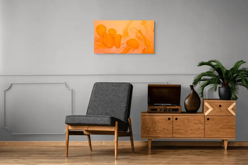Tablou Canvas, "Dansul elegant al meduzelor portocalii", Jeleuri, Portocalii, Acvatice, Grațioase, Dansează, Fire, Subțiri, Translucide, Eterice, Închise, Frumoase, 90 x 50 cm – poza 6