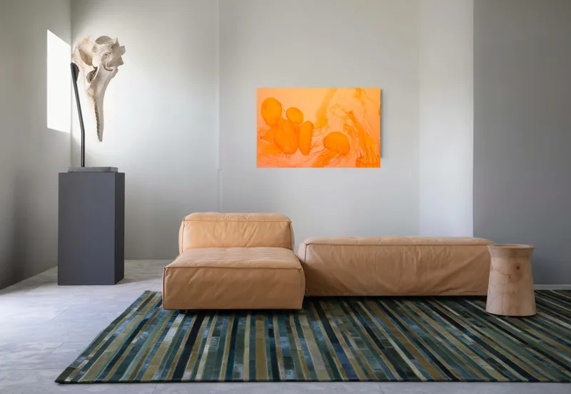 Tablou Canvas, "Dansul elegant al meduzelor portocalii", Jeleuri, Portocalii, Acvatice, Grațioase, Dansează, Fire, Subțiri, Translucide, Eterice, Închise, Frumoase, 90 x 50 cm – poza 8
