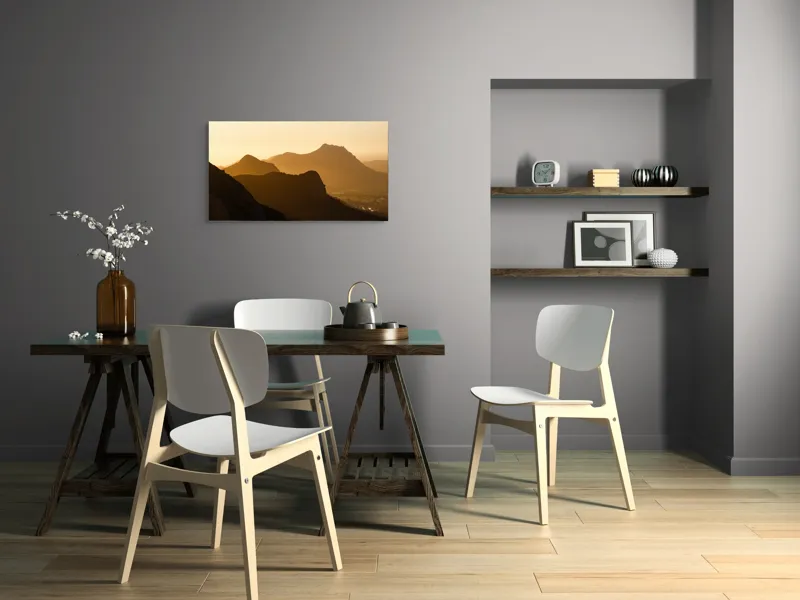 Tablou Canvas, "Munții aurii în lumina apusului", Aur, Siluete, Munți, Ceață, Apus, Calm, Umbre, Lumină, Orizont, Liniște, 90 x 50 cm – poza 3