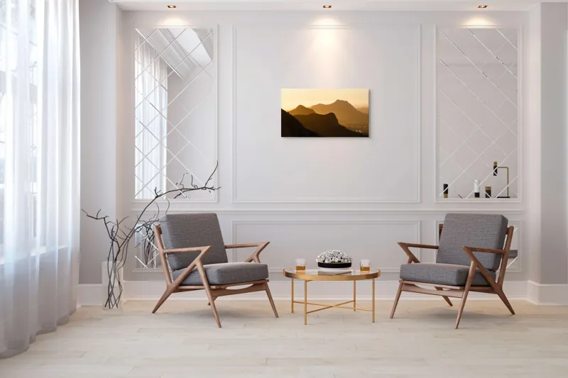 Tablou Canvas, "Munții aurii în lumina apusului", Aur, Siluete, Munți, Ceață, Apus, Calm, Umbre, Lumină, Orizont, Liniște, 90 x 50 cm – poza 7