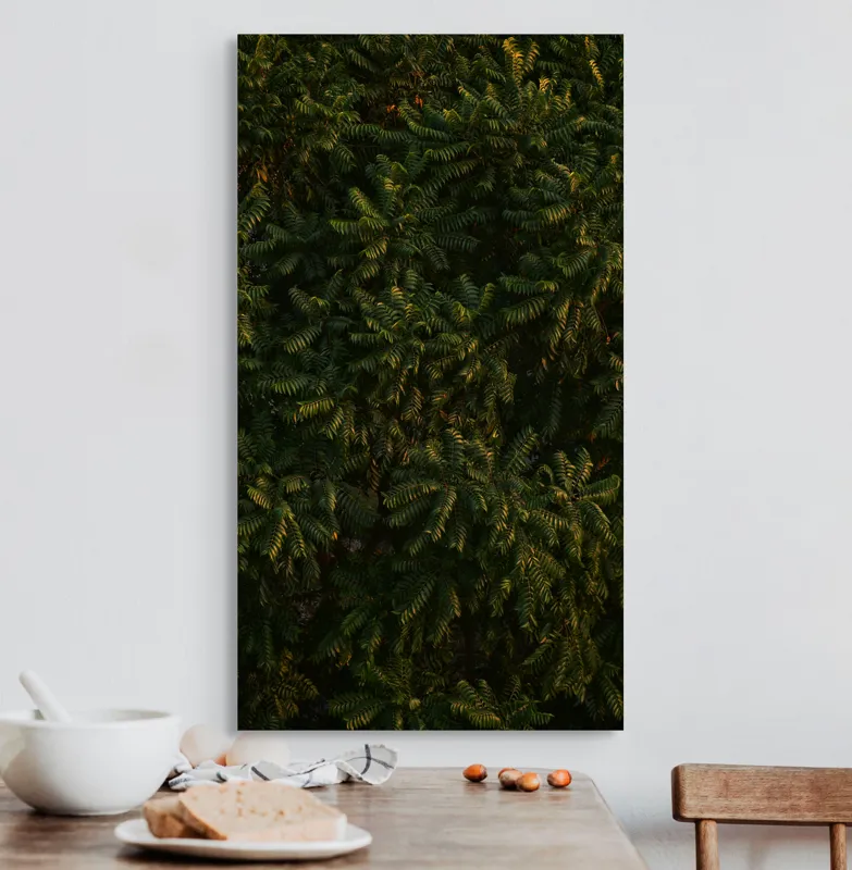 Tablou Canvas, "Umbrele serii peste frunziș verde", Frunze, Verdeață, Textură, Densitate, Natură, Frunziș, Umbră, Vegetație, 50 x 90 cm – poza 3