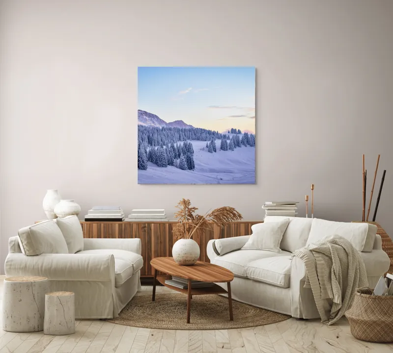 Tablou Canvas Natură Munți Zăpadă Apus Tihnă Rece Brazi Cer, 100 x 100 cm – poza 3