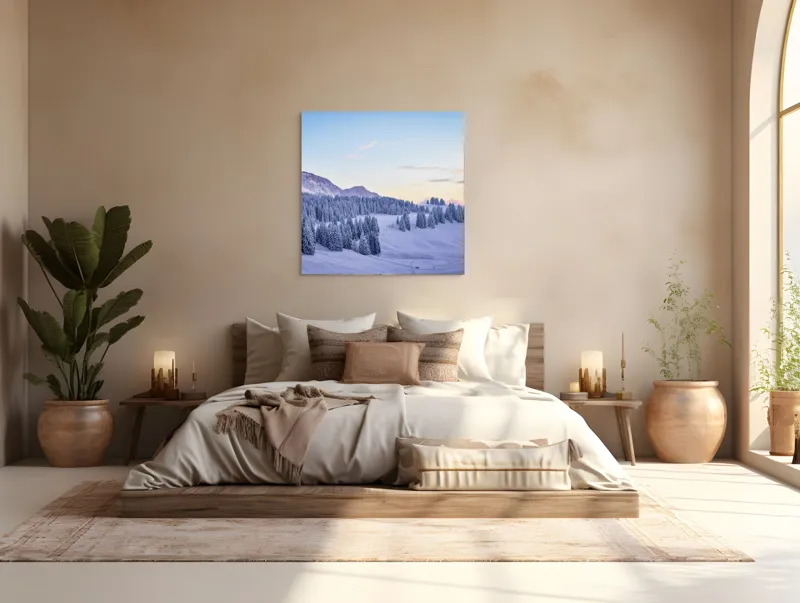 Tablou Canvas Natură Munți Zăpadă Apus Tihnă Rece Brazi Cer, 100 x 100 cm – poza 4