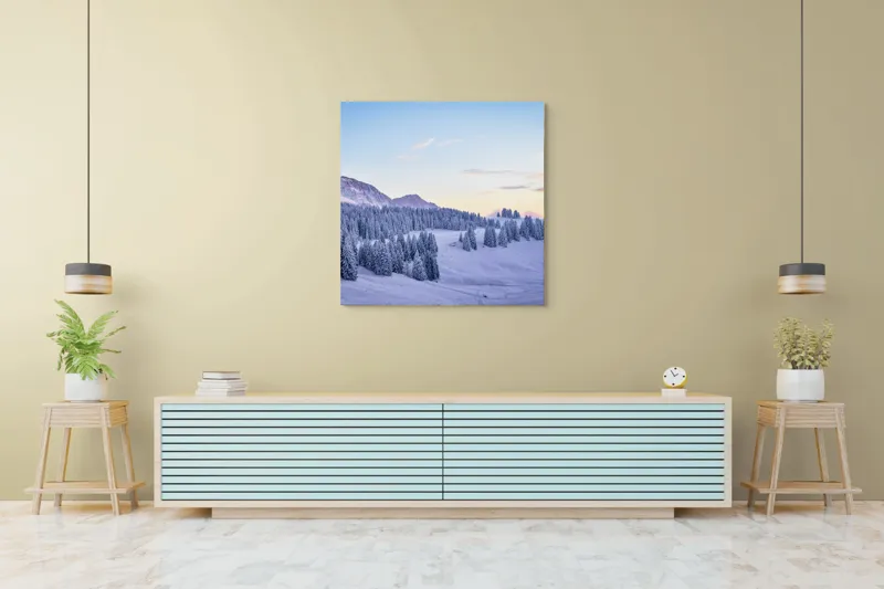 Tablou Canvas Natură Munți Zăpadă Apus Tihnă Rece Brazi Cer, 100 x 100 cm – poza 5