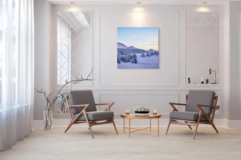 Tablou Canvas Natură Munți Zăpadă Apus Tihnă Rece Brazi Cer, 100 x 100 cm – poza 7