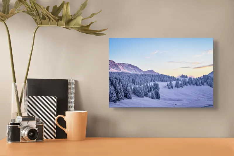 Tablou Canvas Natură Munți Zăpadă Apus Tihnă Rece Brazi Cer, 39 x 26 cm – poza 3