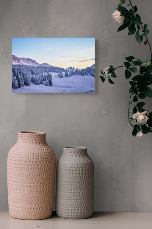 Tablou Canvas Natură Munți Zăpadă Apus Tihnă Rece Brazi Cer, 39 x 26 cm – poza 4