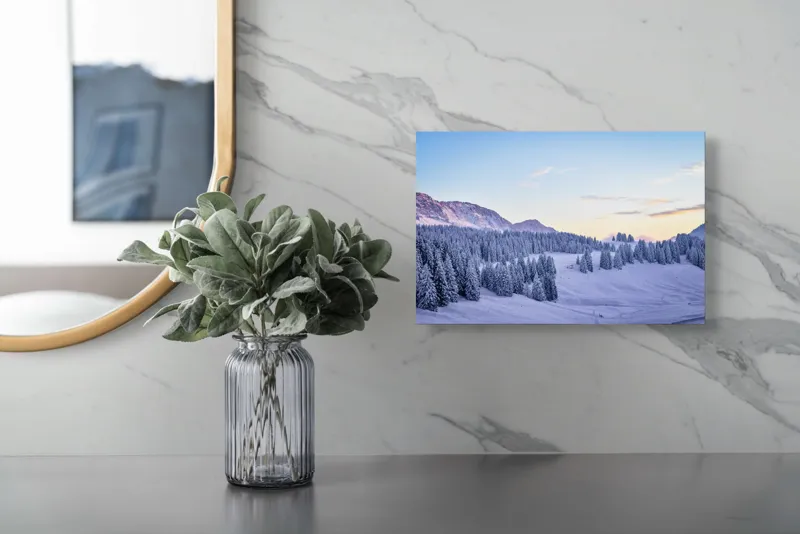 Tablou Canvas Natură Munți Zăpadă Apus Tihnă Rece Brazi Cer, 39 x 26 cm – poza 5