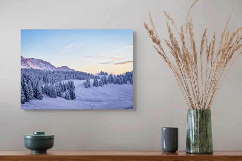 Tablou Canvas Natură Munți Zăpadă Apus Tihnă Rece Brazi Cer, 54 x 39 cm – poza 4