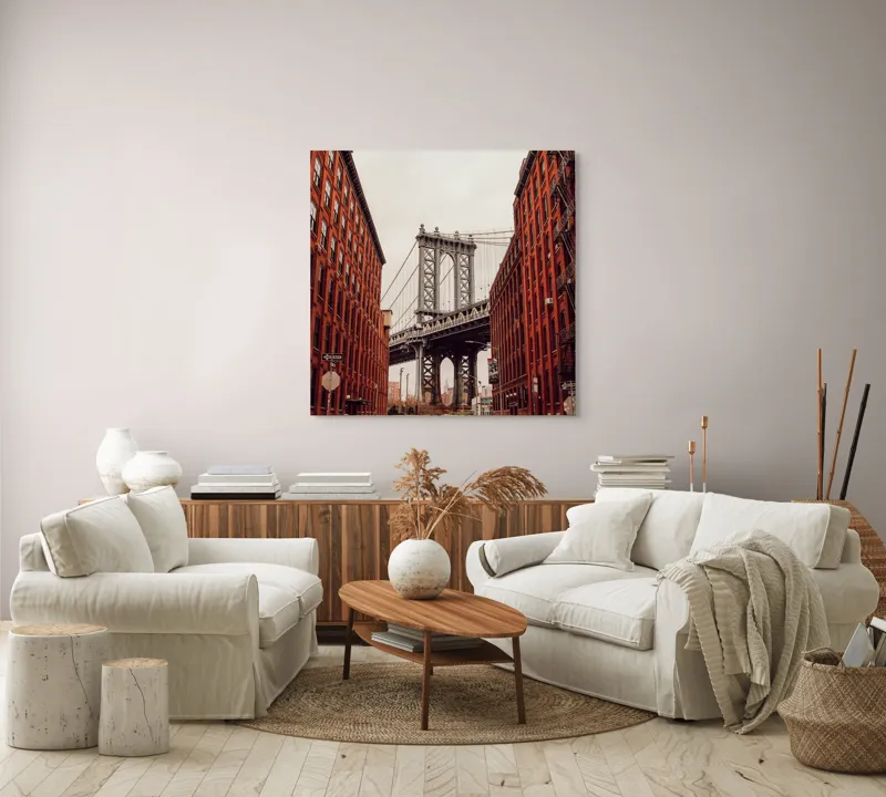 Tablou Canvas, "Podul printre cladiri inalte din caramida", Pod, Clădiri, Roșu, Fier, Urban, Stradă, Fire Escape, Căramidă, Cer, Distanță, 100 x 100 cm – poza 3