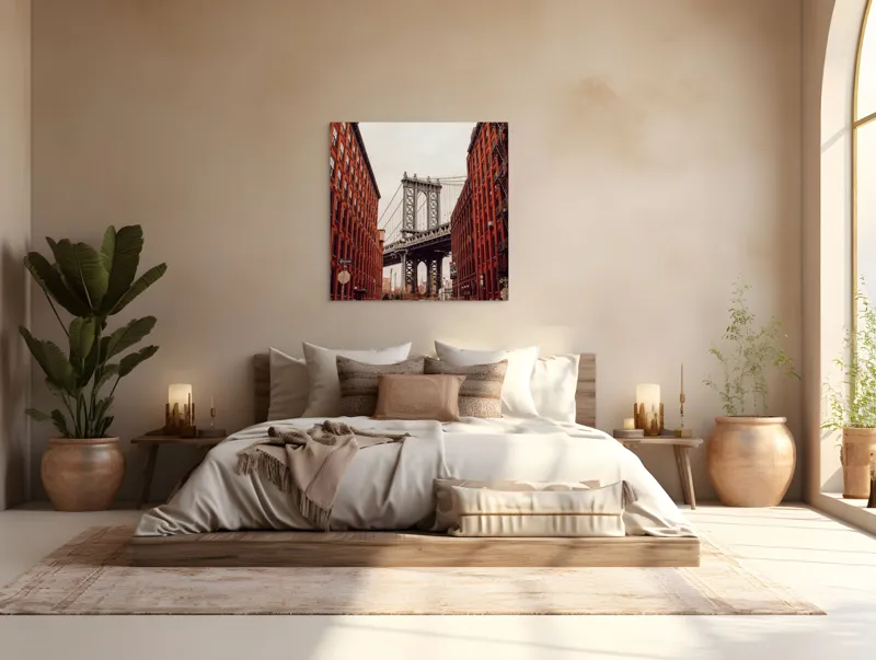 Tablou Canvas, "Podul printre cladiri inalte din caramida", Pod, Clădiri, Roșu, Fier, Urban, Stradă, Fire Escape, Căramidă, Cer, Distanță, 100 x 100 cm – poza 4