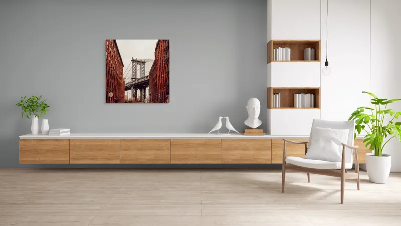 Tablou Canvas, "Podul printre cladiri inalte din caramida", Pod, Clădiri, Roșu, Fier, Urban, Stradă, Fire Escape, Căramidă, Cer, Distanță, 100 x 100 cm – poza 8