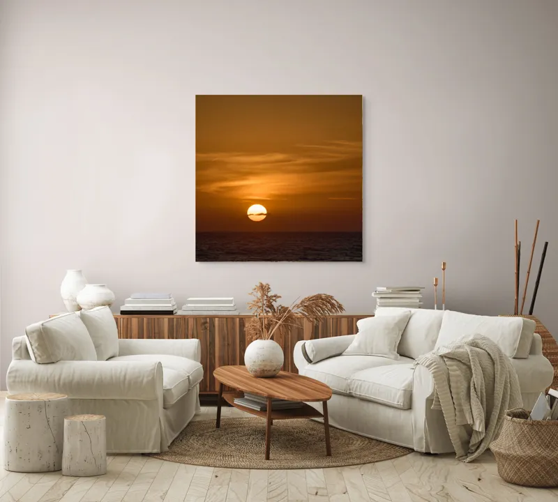 Tablou Canvas, "Apus de soare peste ocean linștit", Apus, Soare, Ocean, Orizont, Nori, Cer, Portocaliu, Calm, Frumos, Liniște, 100 x 100 cm – poza 3