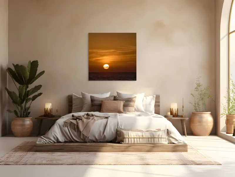 Tablou Canvas, "Apus de soare peste ocean linștit", Apus, Soare, Ocean, Orizont, Nori, Cer, Portocaliu, Calm, Frumos, Liniște, 100 x 100 cm – poza 4