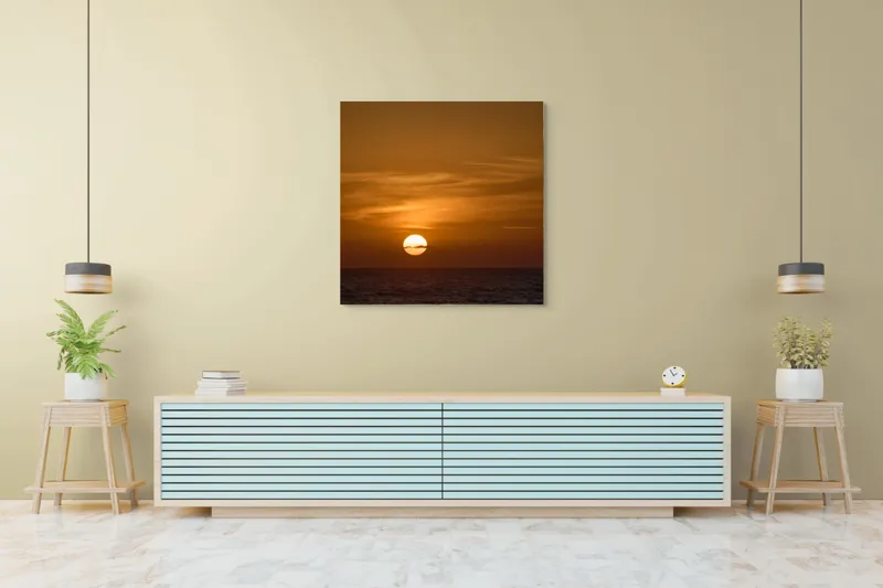 Tablou Canvas, "Apus de soare peste ocean linștit", Apus, Soare, Ocean, Orizont, Nori, Cer, Portocaliu, Calm, Frumos, Liniște, 100 x 100 cm – poza 5