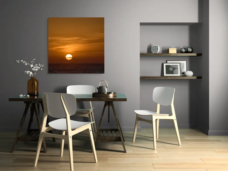 Tablou Canvas, "Apus de soare peste ocean linștit", Apus, Soare, Ocean, Orizont, Nori, Cer, Portocaliu, Calm, Frumos, Liniște, 100 x 100 cm – poza 6