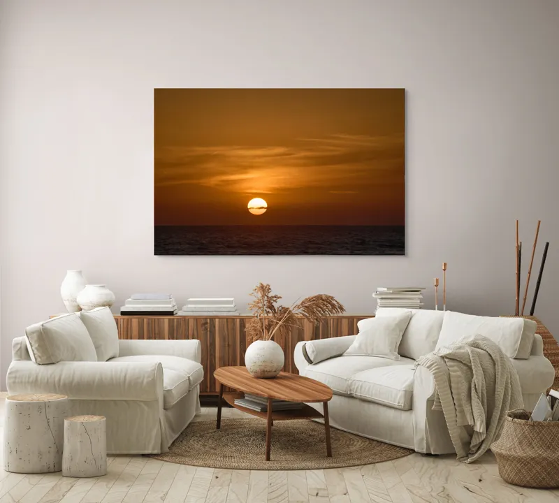 Tablou Canvas, "Apus de soare peste ocean linștit", Apus, Soare, Ocean, Orizont, Nori, Cer, Portocaliu, Calm, Frumos, Liniște, 150 x 100 cm – poza 3