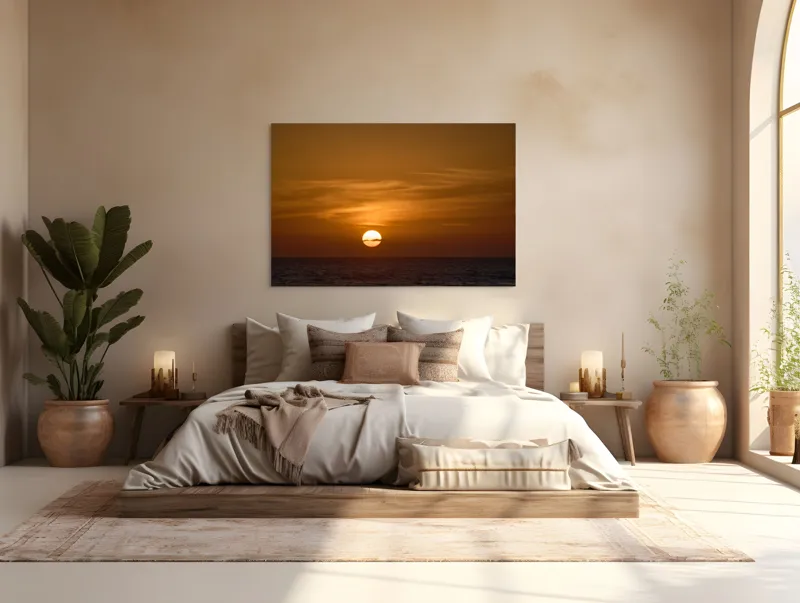 Tablou Canvas, "Apus de soare peste ocean linștit", Apus, Soare, Ocean, Orizont, Nori, Cer, Portocaliu, Calm, Frumos, Liniște, 150 x 100 cm – poza 4