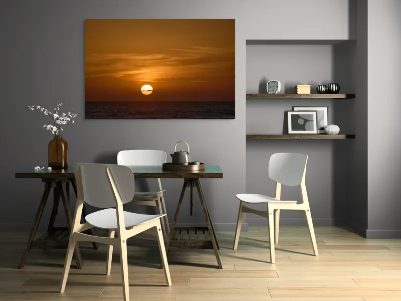 Tablou Canvas, "Apus de soare peste ocean linștit", Apus, Soare, Ocean, Orizont, Nori, Cer, Portocaliu, Calm, Frumos, Liniște, 150 x 100 cm – poza 5