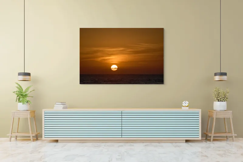 Tablou Canvas, "Apus de soare peste ocean linștit", Apus, Soare, Ocean, Orizont, Nori, Cer, Portocaliu, Calm, Frumos, Liniște, 150 x 100 cm – poza 6
