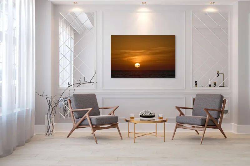 Tablou Canvas, "Apus de soare peste ocean linștit", Apus, Soare, Ocean, Orizont, Nori, Cer, Portocaliu, Calm, Frumos, Liniște, 150 x 100 cm – poza 7