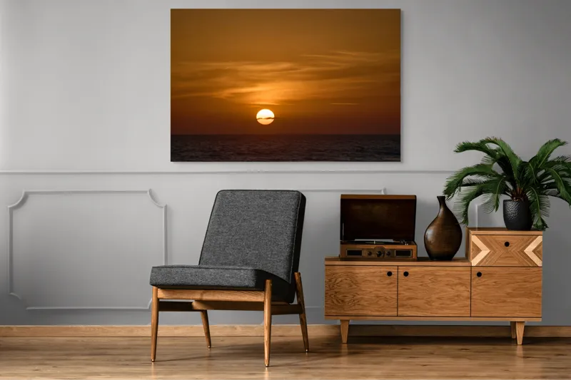 Tablou Canvas, "Apus de soare peste ocean linștit", Apus, Soare, Ocean, Orizont, Nori, Cer, Portocaliu, Calm, Frumos, Liniște, 150 x 100 cm – poza 8