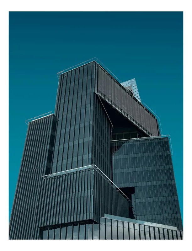 Tablou Canvas, "Perspective modernă asupra arhitecturii urbane", Clădire, Modernă, Geometrică, Albastru, Cer, Urban, Sticlă, Arhitectură, Contemporană, 100 x 100 cm