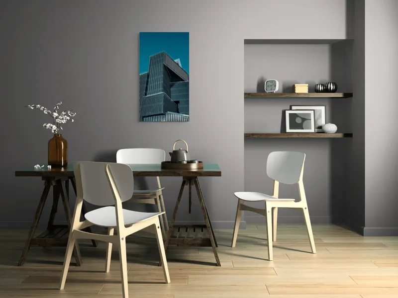 Tablou Canvas, "Perspective modernă asupra arhitecturii urbane", Clădire, Modernă, Geometrică, Albastru, Cer, Urban, Sticlă, Arhitectură, Contemporană, 50 x 90 cm – poza 4