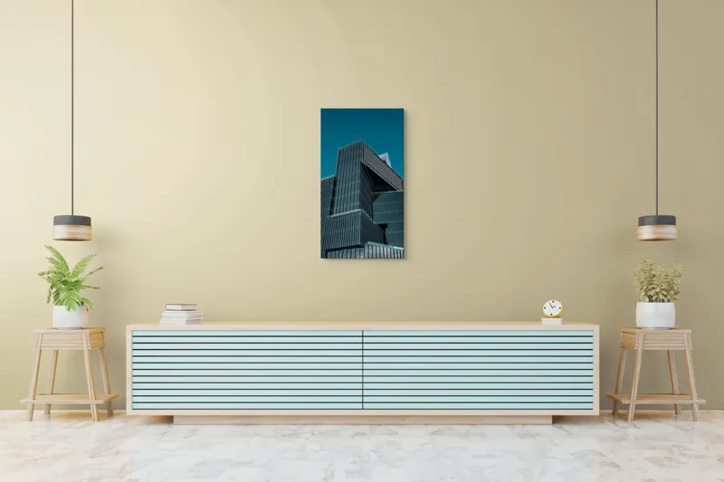 Tablou Canvas, "Perspective modernă asupra arhitecturii urbane", Clădire, Modernă, Geometrică, Albastru, Cer, Urban, Sticlă, Arhitectură, Contemporană, 50 x 90 cm – poza 6
