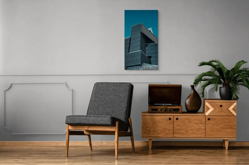 Tablou Canvas, "Perspective modernă asupra arhitecturii urbane", Clădire, Modernă, Geometrică, Albastru, Cer, Urban, Sticlă, Arhitectură, Contemporană, 50 x 90 cm – poza 8