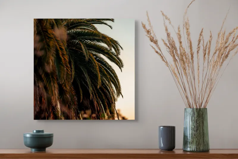 Tablou Canvas, "Palmieri sub lumina apusului de soare", Verde, Frunziș, Apus, Cer, Palme, Natură, Relaxare, Exotic, Tropice, 50 x 50 cm – poza 4
