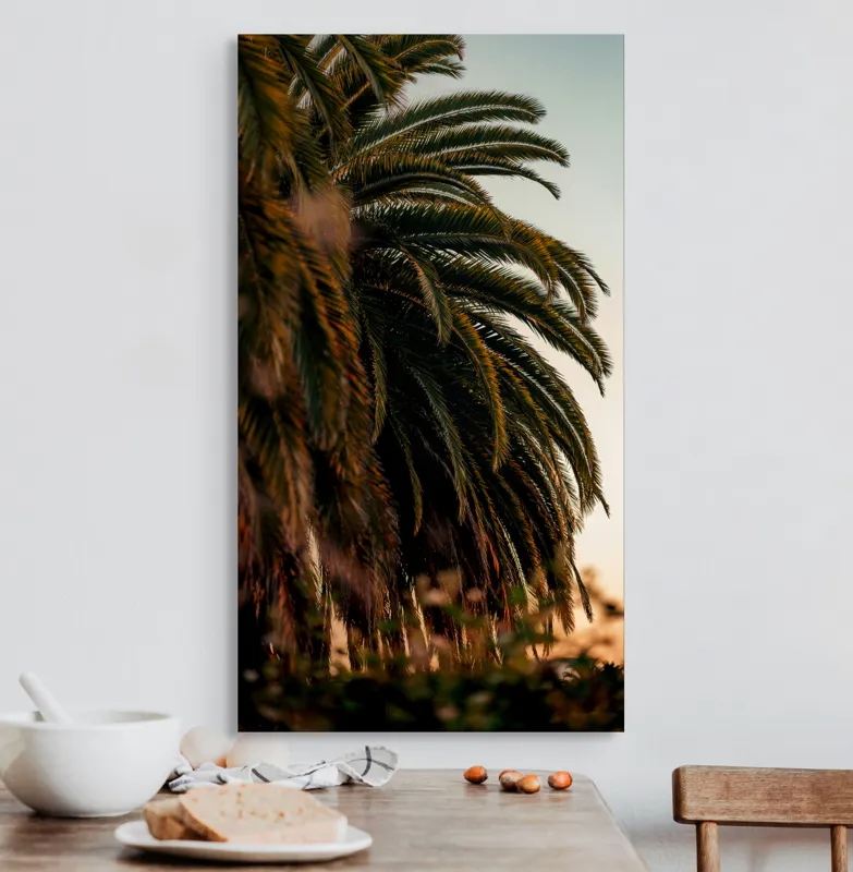 Tablou Canvas, "Palmieri sub lumina apusului de soare", Verde, Frunziș, Apus, Cer, Palme, Natură, Relaxare, Exotic, Tropice, 50 x 90 cm – poza 3