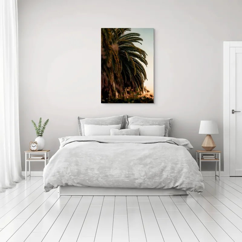 Tablou Canvas, "Palmieri sub lumina apusului de soare", Verde, Frunziș, Apus, Cer, Palme, Natură, Relaxare, Exotic, Tropice, 70 x 100 cm – poza 3