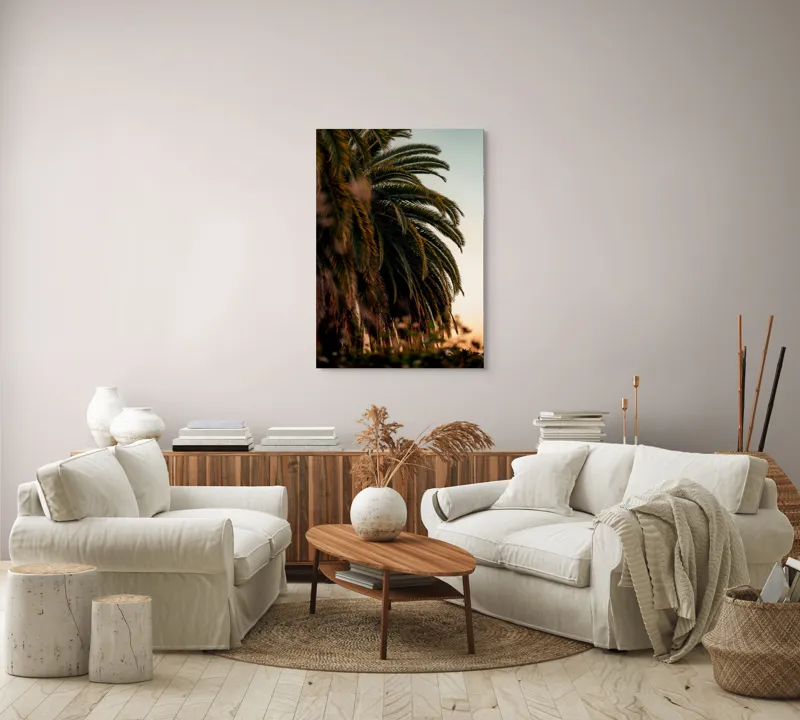 Tablou Canvas, "Palmieri sub lumina apusului de soare", Verde, Frunziș, Apus, Cer, Palme, Natură, Relaxare, Exotic, Tropice, 70 x 100 cm – poza 4