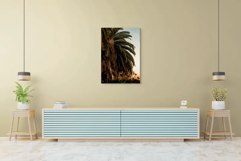 Tablou Canvas, "Palmieri sub lumina apusului de soare", Verde, Frunziș, Apus, Cer, Palme, Natură, Relaxare, Exotic, Tropice, 70 x 100 cm – poza 5