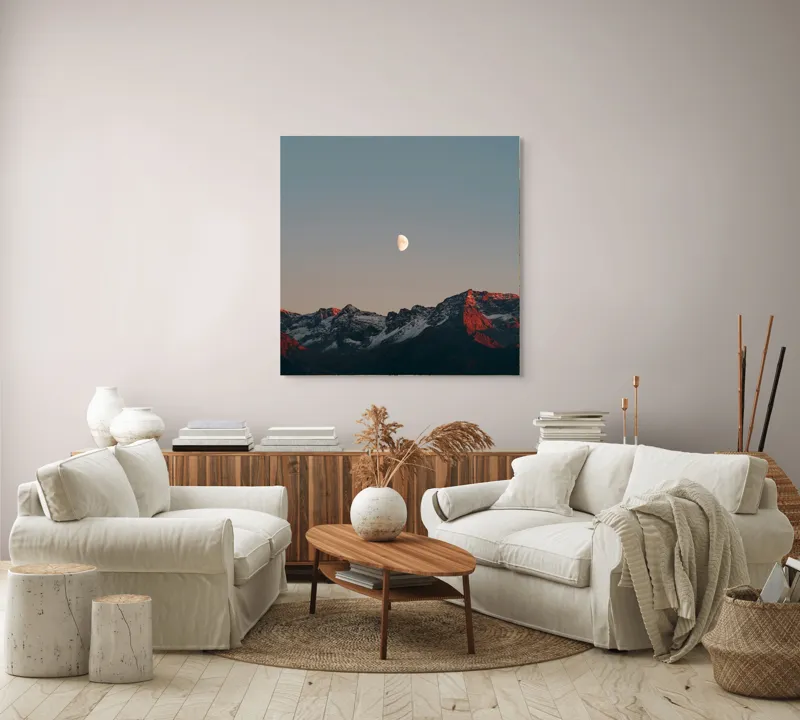 Tablou Canvas, "Luna peste munții înzăpeziți la apus", Lună, Munți, Cer, Amurg, Contrast, Umbre, Lumină, Vârfuri, Răcoare, Natură, 100 x 100 cm – poza 3