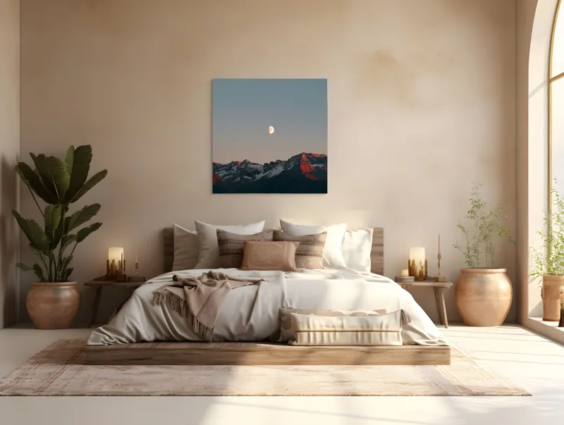 Tablou Canvas, "Luna peste munții înzăpeziți la apus", Lună, Munți, Cer, Amurg, Contrast, Umbre, Lumină, Vârfuri, Răcoare, Natură, 100 x 100 cm – poza 4