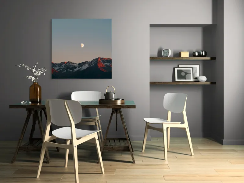 Tablou Canvas, "Luna peste munții înzăpeziți la apus", Lună, Munți, Cer, Amurg, Contrast, Umbre, Lumină, Vârfuri, Răcoare, Natură, 100 x 100 cm – poza 6